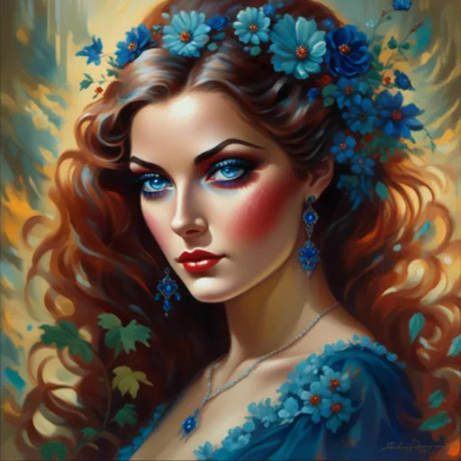 Prompt: <mymodel>Nataasha-Beautiful woman with flowers, oil painting, detailed fiery eyes, ethereal glow, dark and mysterious, high quality, vibrant colors, surreal, haunting, intricate floral details, intense gaze, mystical atmosphere, oil painting, demon, hybrid, fiery eyes, ethereal, vibrant colors, surreal, haunting, floral details, intense gaze, mystical atmosphere