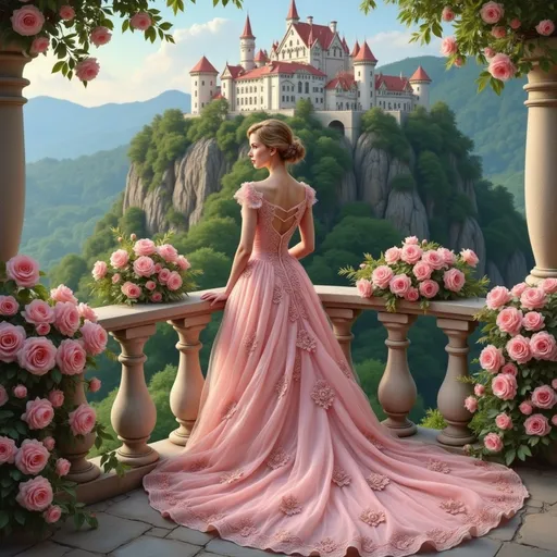 Prompt: Draped in a flowing pink ball gown adorned with floral patterns, a young woman gazes thoughtfully from a stone balcony, her back turned toward the viewer. The exquisite castle, perched high on a cliff in the background, stands majestically against a backdrop of soft blue skies and rolling green mountains, encapsulating a fairy-tale ambiance. Lush greenery frames the scene, with vibrant pink roses spilling over the balcony's edge, enhancing the romantic and dreamy setting. The warm, golden light bathes the scene, suggesting either early morning or late afternoon, evoking a feeling of tranquility and enchantment. The overall composition invites a narrative of longing and hope, as the woman appears to be lost in dreams as she admires her magnificent surroundings.