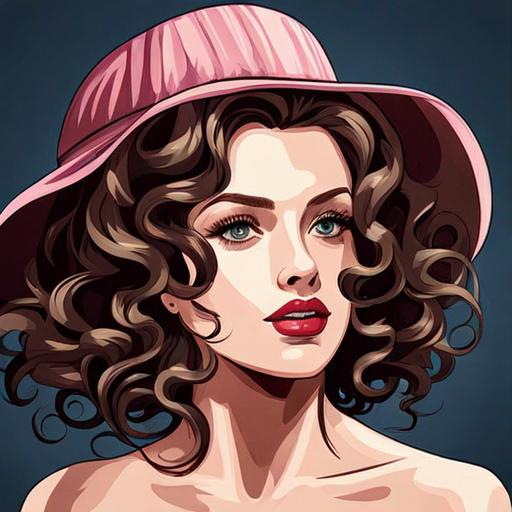 Prompt: fashionable lady with very curly hair.Weraing a hat
