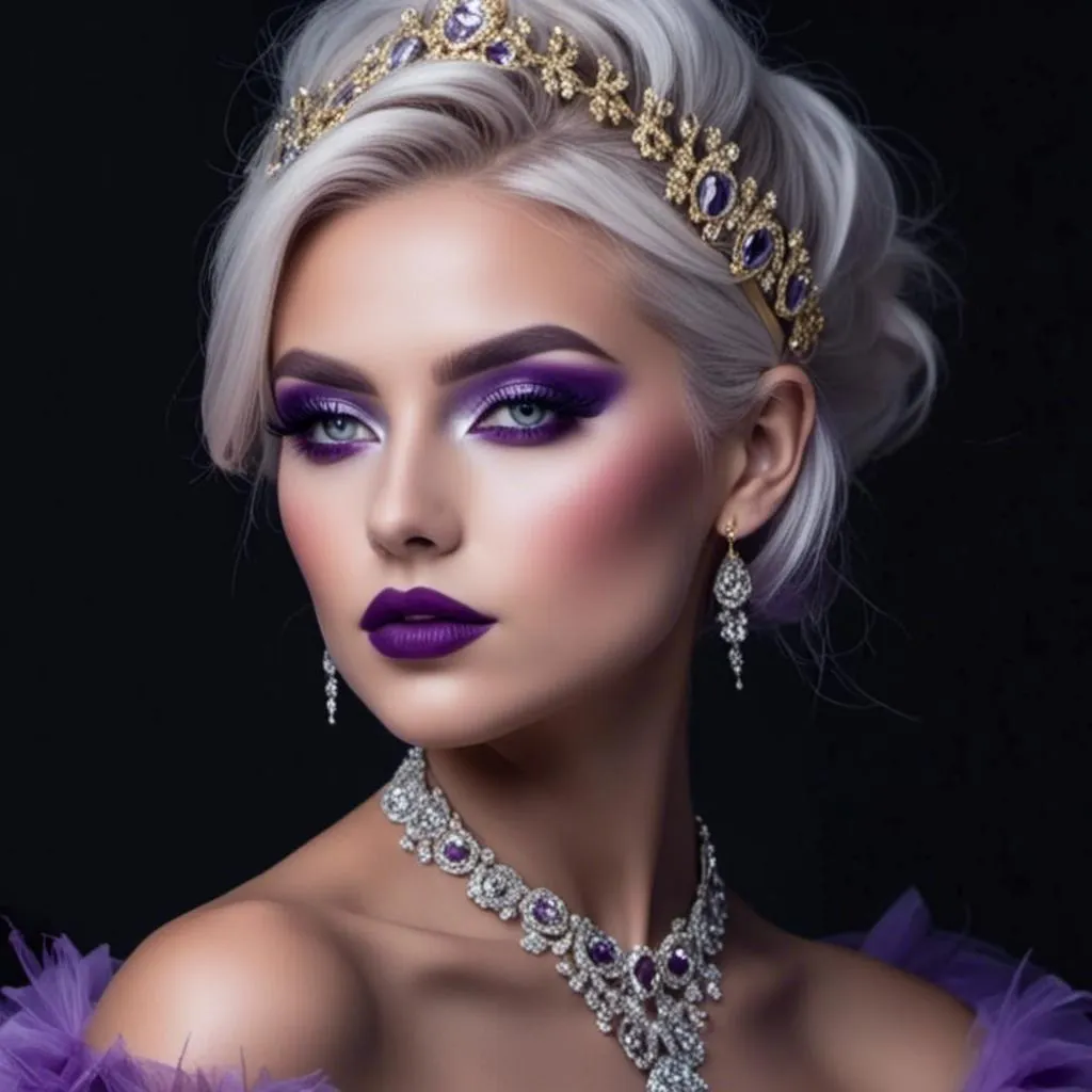 Prompt: <mymodel>Hypnotic bimbo  platinum  blonde   gold lips and purple eyeshadow 