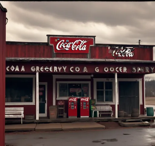 Prompt: Nestled beneath a brooding sky, the "Economy Grocery"  country store stands as a rustic red wooden structure with  lettering boldly announcing its name.  The sign has a "Coca-Cola" icon. Flanked by two vintage vending machines, one for Coca-Cola and another. Rustic empty bushel baskets. A weathered white bench are in front of the porch inviting passersby to pause, while the brown front door is  ready to welcome patrons. The overcast atmosphere lends a melancholic yet inviting vibe, suggesting a cozy refuge where locals can gather and shop.