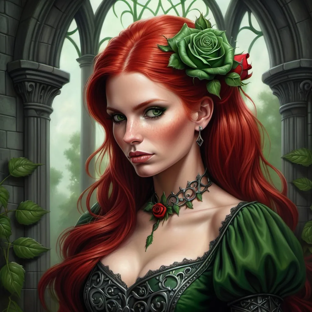 Prompt: a painting of a woman with red hair and green dress with  and a rose in her hair, Anne Stokes, gothic art, highly detailed digital painting, a detailed painting