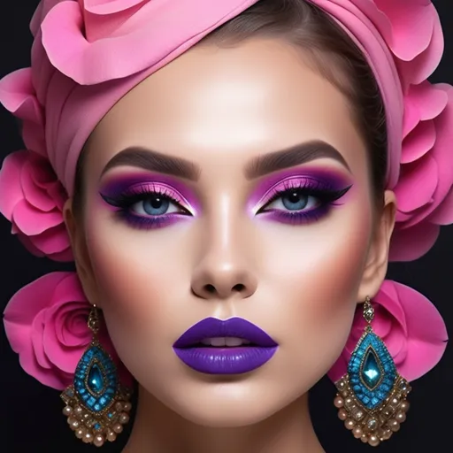 Prompt: (Mesauda full face makeup), vibrant colors, (flawless skin), artistic application, bold eye makeup, captivating lips, glamorous lighting, beauty arrangement, (high-definition), detailed textures, luxurious aesthetics, contemporary look, beauty theme, dynamic composition, expressive showcase, photography style for makeup display.