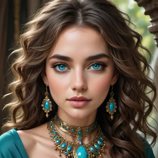 Prompt: With striking turquoise eyes that gleam like jewels, a young woman exudes elegance and allure, framed by cascading, soft, wavy hair. Her expression is serene yet captivating, highlighted by meticulously applied makeup that enhances her natural beauty. Adorned in a rich, teal garment embellished with intricate gold patterns, she wears luxurious jewelry: a statement choker and dangling earrings with turquoise stones that catch the light. The backdrop suggests an opulent indoor setting, likely a lavish hall, with soft lighting that accentuates her graceful features, creating a mood of sophistication and timeless charm. This image encapsulates not only beauty but also an aura of regality and refinement.