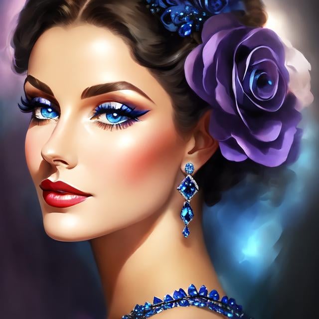 Prompt: Glamorously dressed lady of rhe 1930's wearing sapphire jewelry,blue eyes