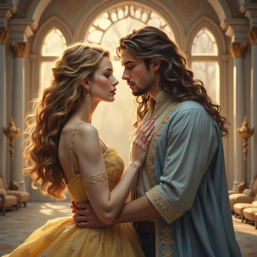 Prompt: Bathed in soft, golden light that streams through grand arched windows, two elegantly dressed figures stand close together, enveloped in a moment of intimate connection. The woman, adorned in a flowing yellow gown that accentuates her graceful curves, possesses long, wavy hair tinged with rich auburn, complemented by striking jewelry that catches the light. Facing her is a man in a regal blue garment, showcasing intricate gold embroidery along the edges, whose dark, tousled hair and piercing gaze create a sense of depth and allure. Their expressions convey a mixture of longing and love, as their foreheads nearly touch, encapsulating a timeless romance within the ornate, ethereal surroundings of a lavish palace adorned with soft lighting and delicate decorative elements, all contributing to a mood charged with passion and promise.