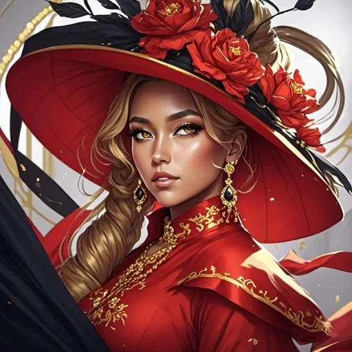 Prompt: <mymodel> a woman with a golden dress and a flower in her hair is wearing a gold necklace and earrings with a flower in her hair, Artgerm, fantasy art, highly detailed digital painting, a detailed painting