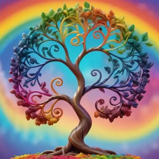 Prompt: colorful gnarled tree of life, spiral colors in the background, rainbow leaves, hyper-detailed, photorealistic 8k max