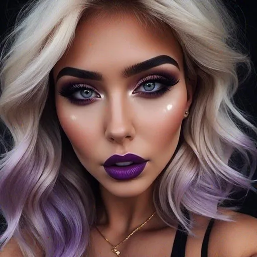 Prompt: <mymodel>Hypnotic bimbo  platinum  blonde   gold lips and purple eyeshadow 