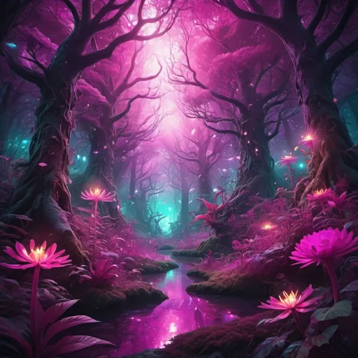 Prompt: Detailed, high-quality magenta-themed digital art, vibrant and surreal, mystical forest with glowing flora, magical creatures in the background, ethereal and dreamlike atmosphere, fantasy, vibrant colors, surreal, mystical forest, glowing flora, magical creatures, highres, ultra-detailed, digital art, vibrant, surreal, ethereal lighting