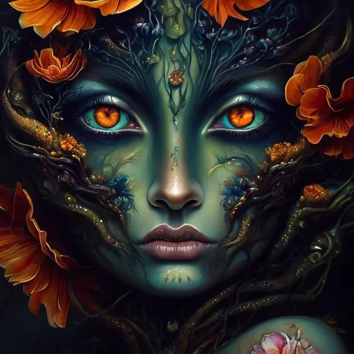 Prompt: Beautiful  hybrid woman with orange flowers sprouting from her, oil painting, detailed fiery eyes, ethereal glow, dark and mysterious, high quality, vibrant colors, surreal, haunting, intricate floral details, intense gaze, mystical atmosphere, oil painting, demon, hybrid, fiery eyes, ethereal, vibrant colors, surreal, haunting, floral details, intense gaze, mystical atmosphere