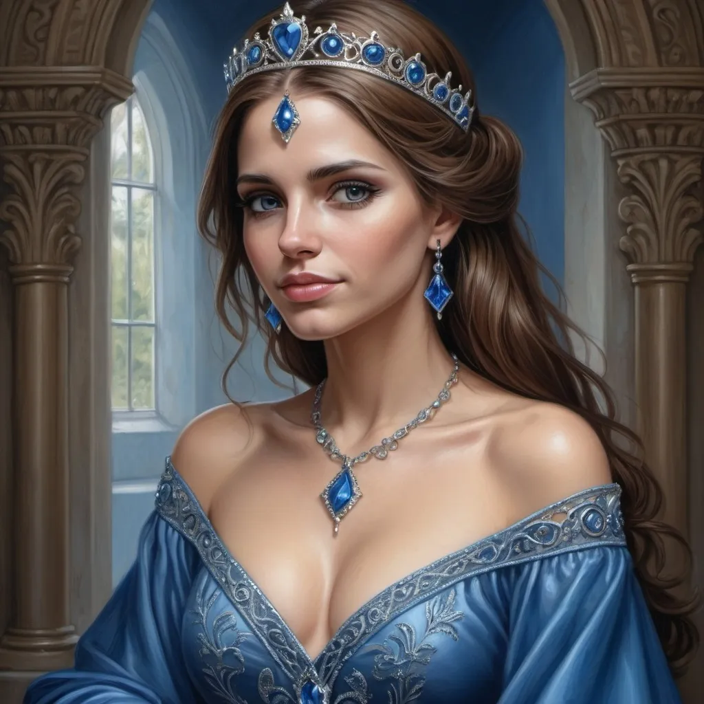 Prompt: a painting of a woman in a blue dress with a tiara on her head and a blue dress on her shoulders, Anne Stokes, figurative art, highly detailed digital painting, a detailed painting