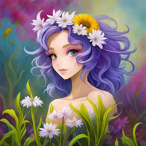 Prompt: a fairy of spring, Sbitley Temple curls, ,wildflowers, vivid colors, closeup