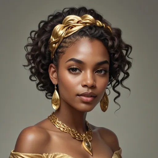 Prompt: A striking portrait captures a young black woman with radiant curls that cascade in golden waves, framing her face with a soft yet defined elegance. Her smooth skin glows with a warm complexion, accentuated by subtle, skillful makeup that highlights her expressive eyes and full lips. Adorned with intricate gold jewelry, including large teardrop earrings and a matching necklace, she exudes a sense of sophistication and charm. The blurred greenery in the background hints at an outdoor setting, evoking a serene, natural atmosphere that complements her beauty. This image conveys a captivating blend of confidence and grace, inviting admiration and intrigue.