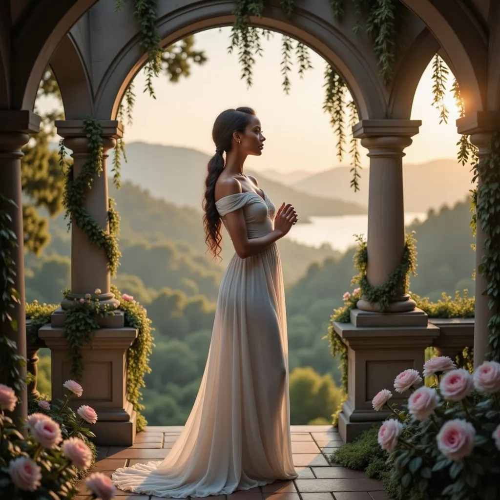 Prompt: Bathed in soft, ethereal light, a young woman stands poised between elegantly carved stone pillars adorned with lush greenery and blooming roses. Dressed in a flowing white gown that cascades to the ground, she gazes thoughtfully into the distance with her hands delicately clasped in front of her, evoking a sense of serenity and introspection. The background reveals a tranquil landscape with gentle hills and a serene body of water, hinting at dawn or dusk when the world is cloaked in a soft, golden glow. The scene radiates a dreamlike quality, enhanced by the delicate color palette of pastels and the soothing interplay of light and shadow, inviting contemplation and conveying a mood of peace and beauty.