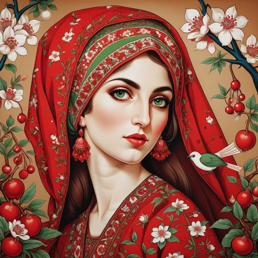 Prompt: A colorful design in the dimensions of 140centimeteres by 140 centimeters. It's main theme is red and white. There are pomegranates and cherry blossoms. with some green leaves and branches. It has some birds. Traditional Iranian style