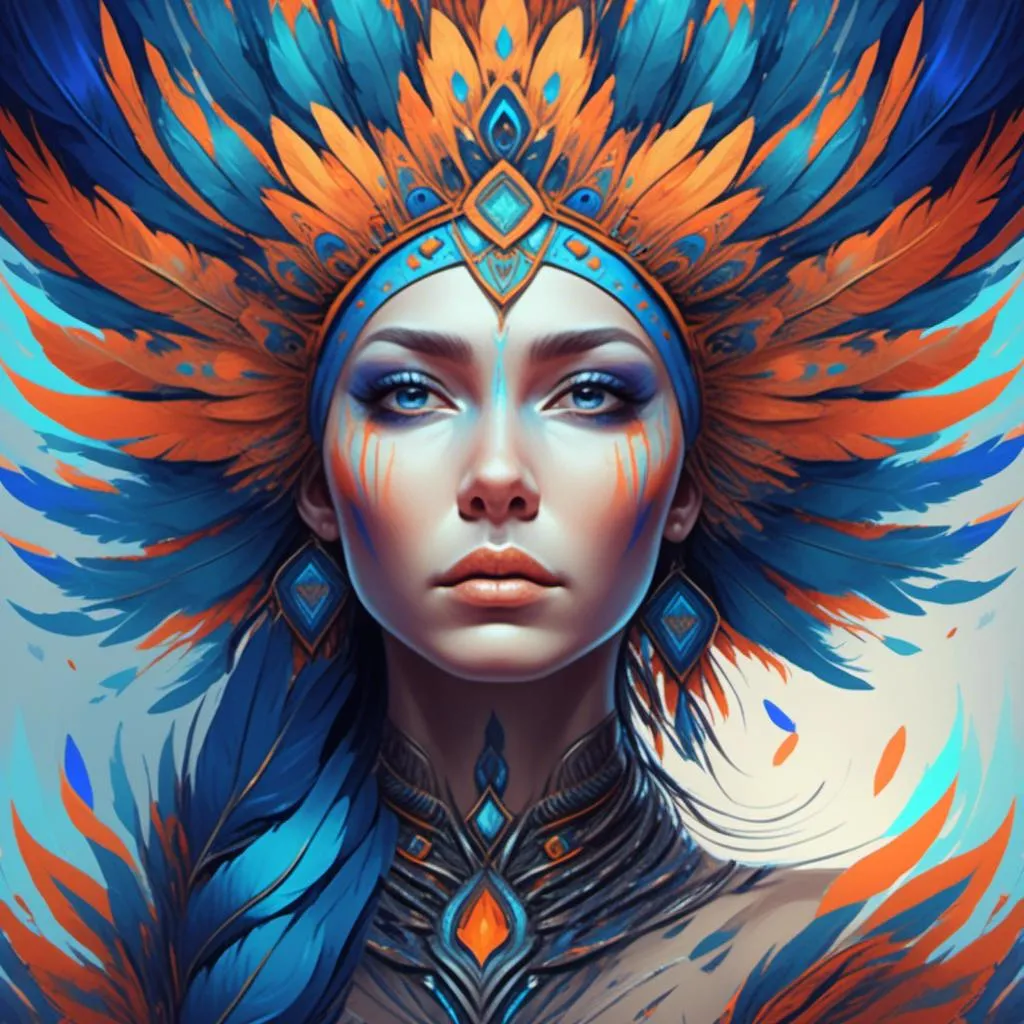 Prompt: <mymodel> a woman with a blue and orange headdress and feathers on her head, with a blue background, Android Jones, fantasy art, highly detailed digital painting, a digital painting