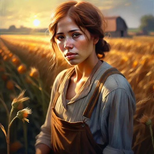 Prompt: An ethereal highly detailed painting of a very beautiful very poor 1920's migrant worker woman, tattered clothes, perfect complexion, gorgeous clean face,
straight auburn hair, award-winning,  Cinematic fantasy atmosphere, farm field, hot sun, cgi, artgerm