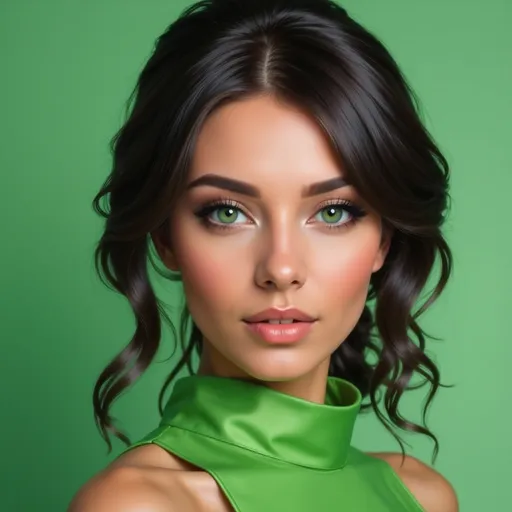 Prompt: <mymodel>Detailed illustration of a woman in vibrant green attire, large vivid green eyes, elegant makeup, digital painting, high resolution, realistic style, vibrant green, professional lighting