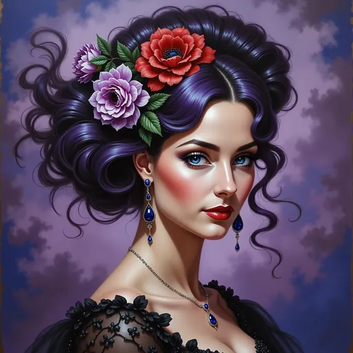 Prompt: a painting of a woman with flowers in her hair and a black dress on a purple background with a purple background, Art of Brom, figurative art, extremely detailed oil painting, a photorealistic painting