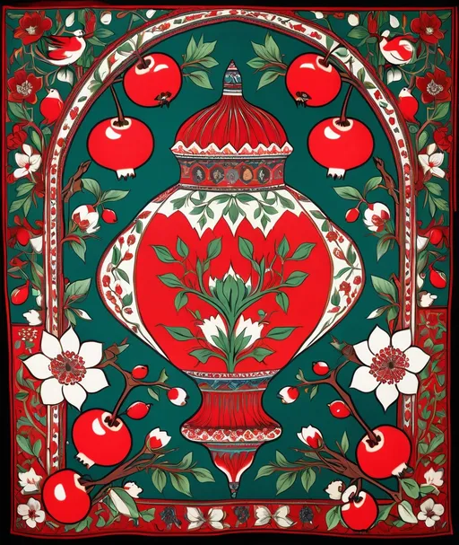 Prompt: A colorful design in the dimensions of 140centimeteres by 140 centimeters. It's main theme is red and white. There are pomegranates and cherry blossoms. with some green leaves and branches. It has some birds. Traditional Iranian style