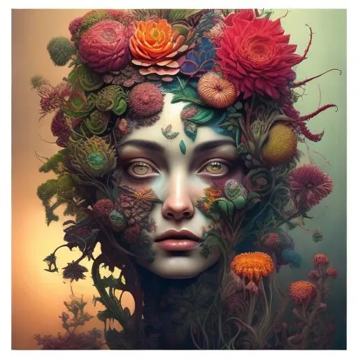 Prompt: Woman with plants and flowers growing from her face, surreal painting, vibrant colors, detailed floral patterns, high quality, surrealism, vibrant colors, detailed plants, surrealistic, detailed facial features, professional, surreal lighting