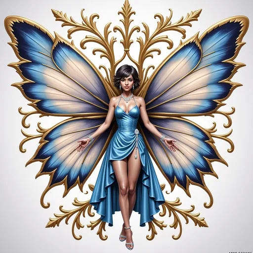 Prompt: a beautiful woman with a butterfly wings on her body and a blue dress on her body, with a gold and blue wings, Anne Stokes, fantasy art, highly detailed digital painting, a detailed drawing