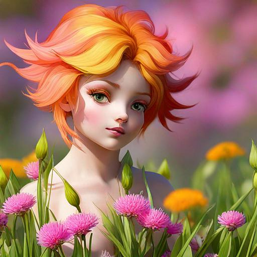 Prompt: a fairy of spring, ,wildflowers, vivid colors, closeup