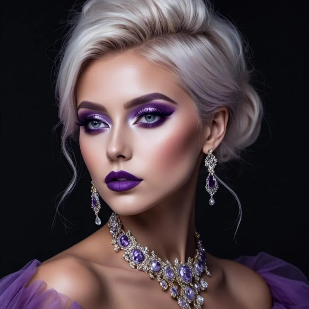 Prompt: <mymodel>Hypnotic bimbo  platinum  blonde   gold lips and purple eyeshadow 