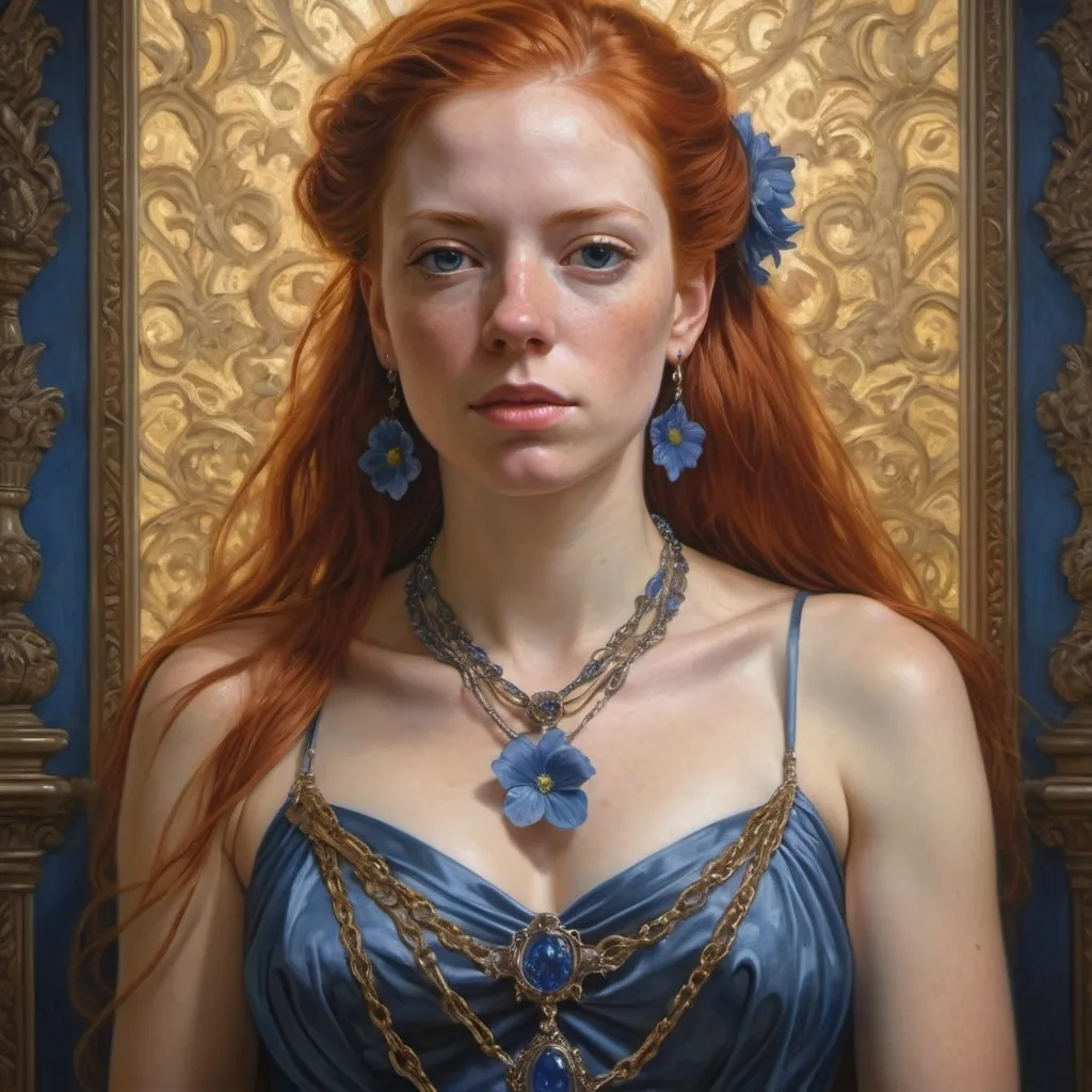 Prompt: a painting of a woman with red hair wearing a necklace and a dress with a blue flower on it, Donato Giancola, photorealism, highly detailed oil painting, a hyperrealistic painting