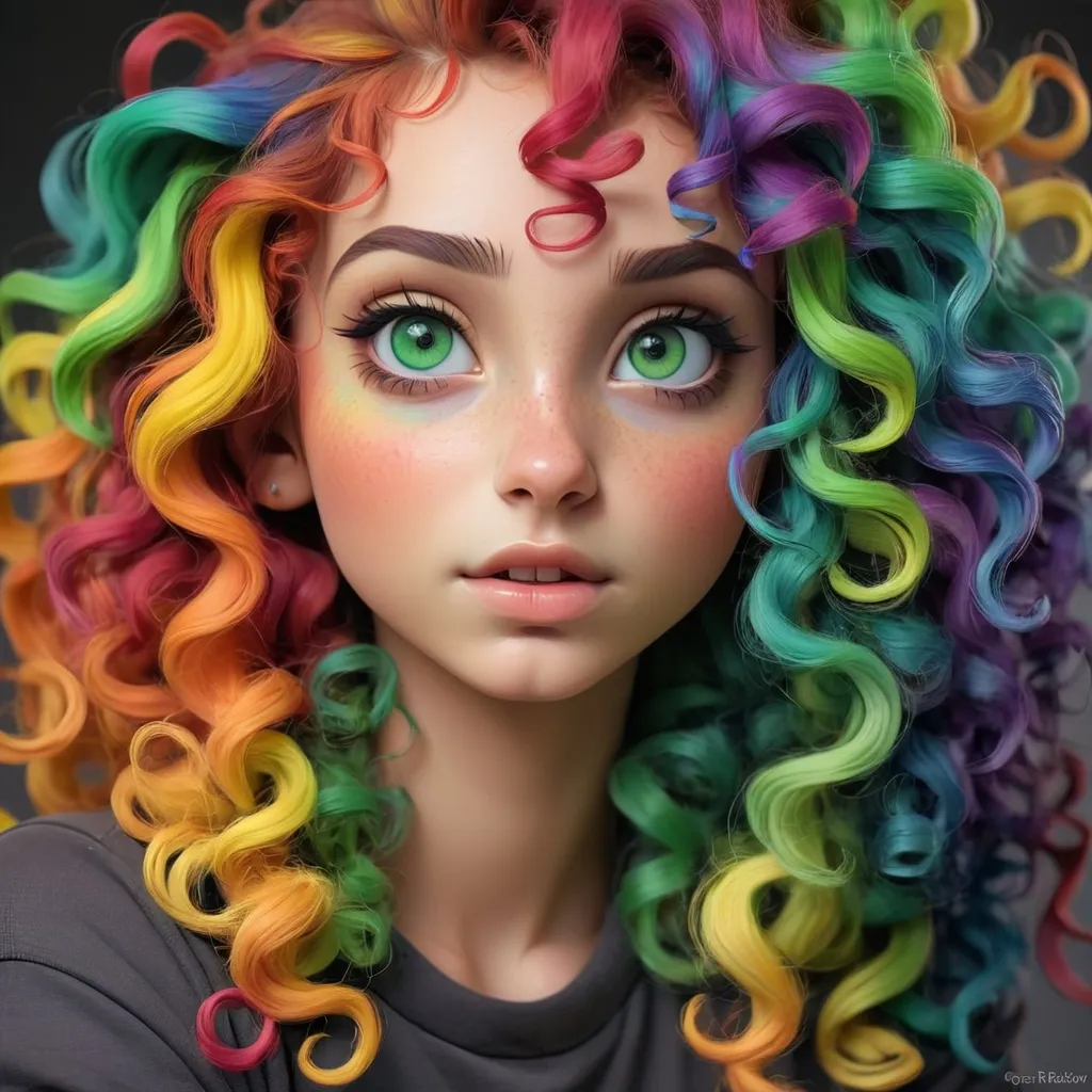 Prompt: Girl with curly rainbow hair and green eyes