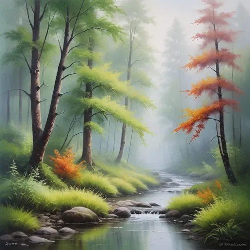 Prompt: <mymodel> Serene forest, oil painting, mist-covered trees, tranquil stream, vibrant and soothing colors, high quality, realistic, detailed foliage, peaceful atmosphere, soft natural lighting