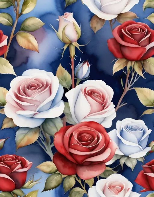 Prompt: watercolor,red, white and blue rose bush