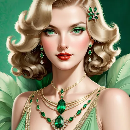 Prompt: Glamorously dressed lady of rhe 1930's wearing emerald jewelry