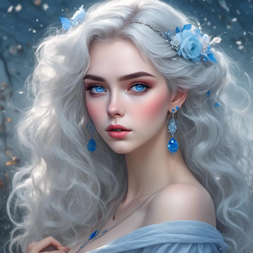 Prompt: <mymodel>A beautiful woman, snow white hair with pastel highlights, frosty blue eyes, blue eyeshadow, blue jewels on forehead