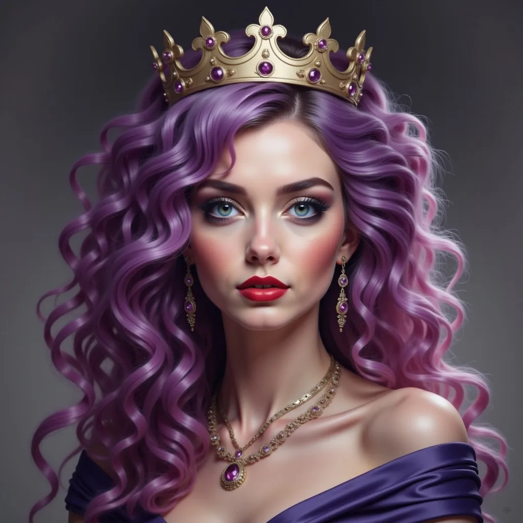 Prompt: a painting of a woman with purple hair and a crown on her head, holding a rose in her hand, Charlie Bowater, fantasy art, trending on art station, a character portrait