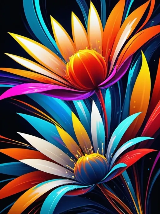 Prompt: Vibrant abstract digital artwork of flowers, dazzling colors, dynamic composition, high energy, modern digital art, vibrant, abstract, digital, high energy, dynamic composition, best quality, colorful, vivid tones, professional lighting