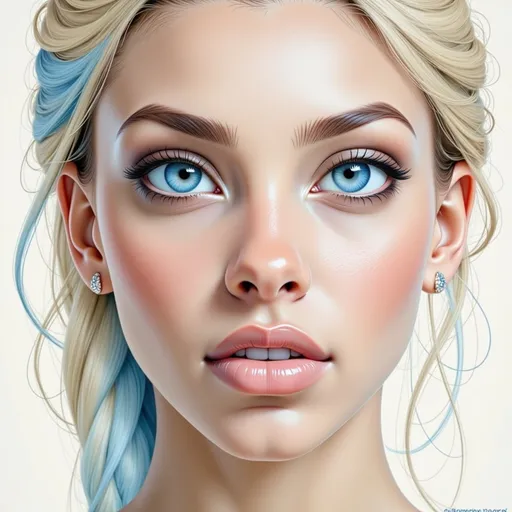Prompt: This is a highly detailed, hyper-realistic digital painting of a young woman's face, focusing on her striking features. The subject has fair, slightly rosy skin with subtle freckles scattered across her nose and cheeks. Her large, vibrant blue eyes are the most prominent feature, with finely detailed irises and long, dark eyelashes. Her eyebrows are thin and well-groomed, arching naturally over her eyes. She has full, slightly parted lips with a natural pink hue, showing a hint of her white teeth.

Her blonde hair is loosely tied back, with a few strands gently framing her face and a blue watercolor-like smudge on the left side, adding a soft, artistic touch. The background is a plain, light cream color, which helps to emphasize the subject's face. The lighting is soft, creating gentle shadows that add depth and realism to her facial features. The overall style of the painting is realistic with a touch of impressionism, particularly noticeable in the watercolor-like background. The texture of the skin and hair is meticulously detailed, giving the image a lifelike quality. The subject's expression is neutral, with a slight, almost imperceptible smile, conveying a sense of calm and innocence.