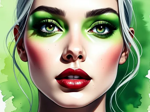 Prompt: This is a digital drawing in a hyper-realistic comic art style. The image is a close-up of a woman's face, focusing on her eyes, nose, and lips. Her skin is pale with a smooth texture, and her prominent, dark, well-defined eyebrows arch over her striking green eyes, which are large and vivid, with detailed irises and reflective highlights. She has long, thick, black eyelashes that frame her eyes, adding to their intensity. Her eyelids are accentuated with bright green eyeshadow that matches her eye color, creating a dramatic effect. Her nose is small and slightly upturned, with a subtle shadow to add depth. She has full, dark red lips that are slightly parted, revealing a hint of her teeth. Her hair, visible at the edges of the image, is white with green highlights, blending into the green background that transitions from darker shades at the top to lighter shades at the bottom. The overall composition and color palette create a striking and intense visual effect, emphasizing the woman's expressive eyes and bold makeup. The image has a high level of detail and a polished, digital finish.