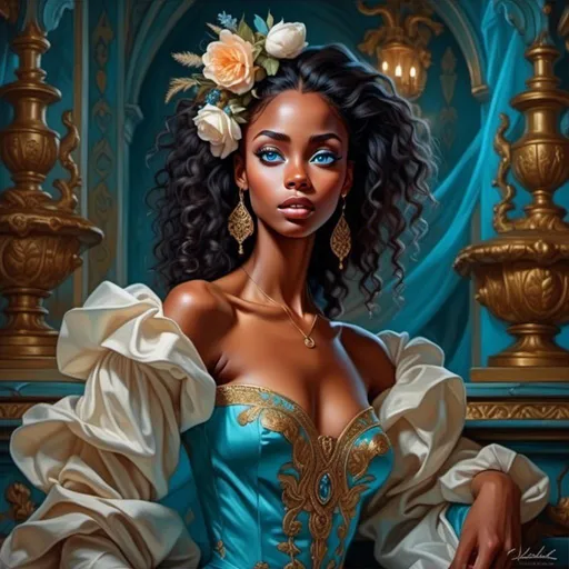 Prompt: <mymodel> Rococo era portrait of a woman, oil painting, luxurious clothing (beautiful young black woman), vibrant fantasy style, bronze skin, luxurious white curly/coily hair, striking turquoise eyes, blue and gold gown, magical atmosphere, enchanting light, whimsical background filled with fantastical elements, lush colors, dreamy vibe, high depth, ultra-detailed, captivating and imaginative composition.