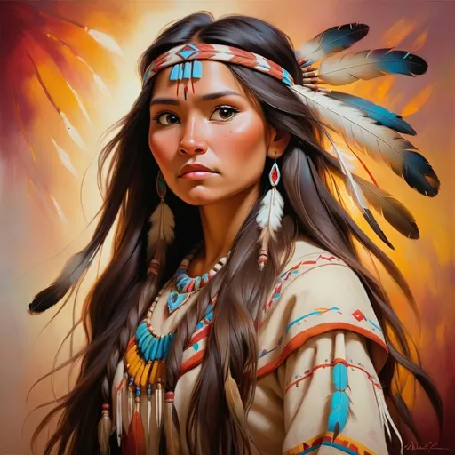 Prompt: Beautiful Native American princess, oil painting, traditional attire, flowing long hair, serene expression, vibrant colors, high quality, realistic, traditional, warm tones, soft lighting