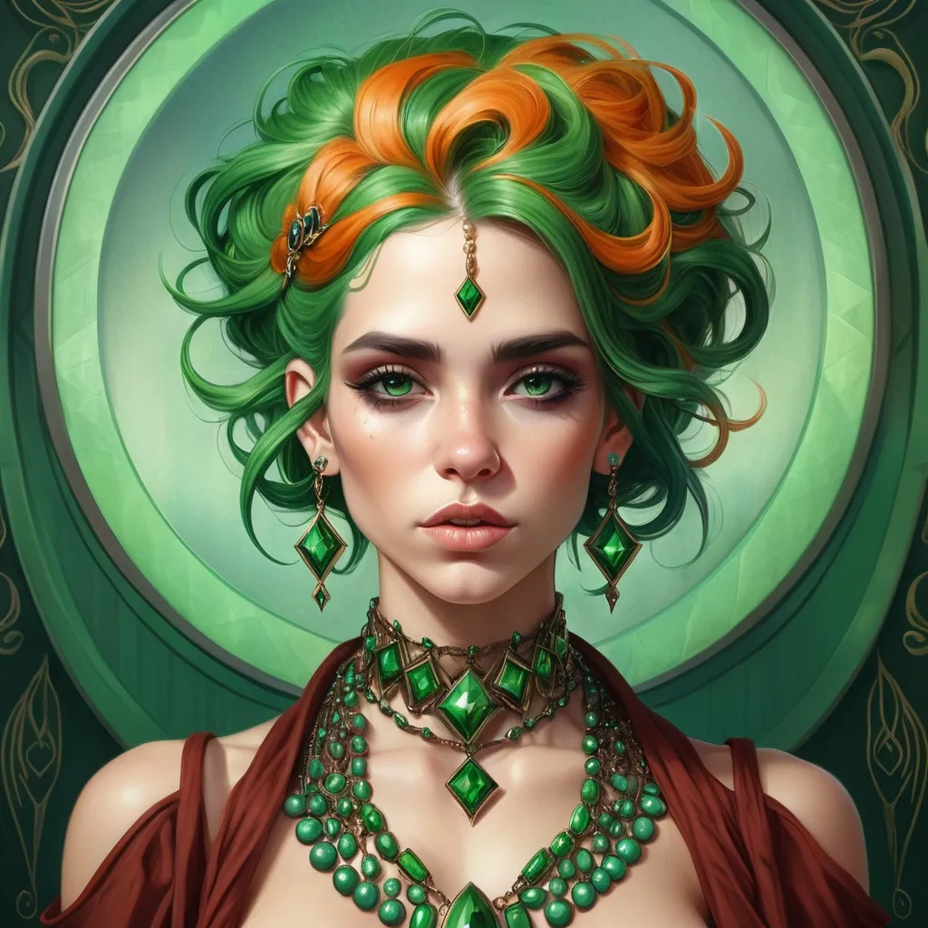 Prompt: a woman with green hair and jewelry on her chest and hands on her chest, wearing a necklace and earrings, Edwin Georgi, fantasy art, highly detailed digital painting, a digital painting