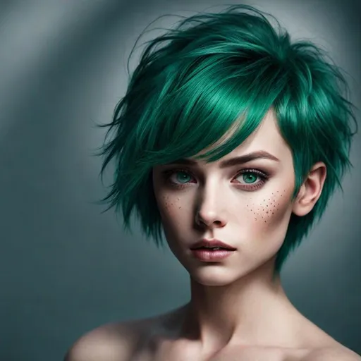 Prompt: ady with emerald green hair and eyes
