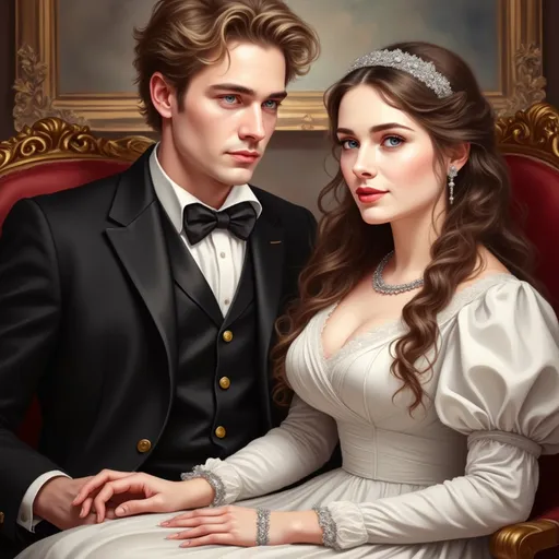 Prompt: This is a highly detailed, digital painting in a realistic style, depicting a young couple seated together in an ornate, classical setting. The young man, positioned on the left, has light brown, wavy hair and fair skin, with striking blue eyes. He is dressed in a formal black tuxedo with a white dress shirt and a black bow tie, featuring gold buttons on his vest. His expression is calm and composed.
The young woman, seated to his right, has long, curly brown hair adorned with a delicate silver headband. She has fair skin and blue eyes, and her expression is gentle and serene. She wears a white, long-sleeved, Victorian-style dress with puffed sleeves and a fitted bodice, embellished with subtle lace details. Around her neck is a delicate silver choker, and she wears a matching bracelet on her right wrist.
They are seated on a red, upholstered chair with gold trim, positioned against a background of a framed, classical painting. The frame is ornate, with gold accents, adding to the overall regal and elegant atmosphere of the image. The lighting is soft, highlighting the couple's faces and the textures of their clothing.