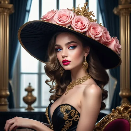 Prompt: Draped in an extravagant black gown adorned with ornate golden details, a stunning young woman captivates with her grace and elegance, illuminated by soft indoor lighting. Her voluminous hair, styled in lush waves and accentuated with a large pink rose, frames her exquisite face, characterized by striking blue eyes and rich red lips that exude sophistication and charm. The opulence of her jewelry, including dangling earrings and a delicate choker, complements the luxurious atmosphere of the well-furnished room, where plush curtains filter the gentle light from tall windows showing a hint of a city skyline. The overall composition, with its rich color contrasts and delicate textures, captures a timeless elegance, evoking a mood of high-class refinement reminiscent of a bygone era. 