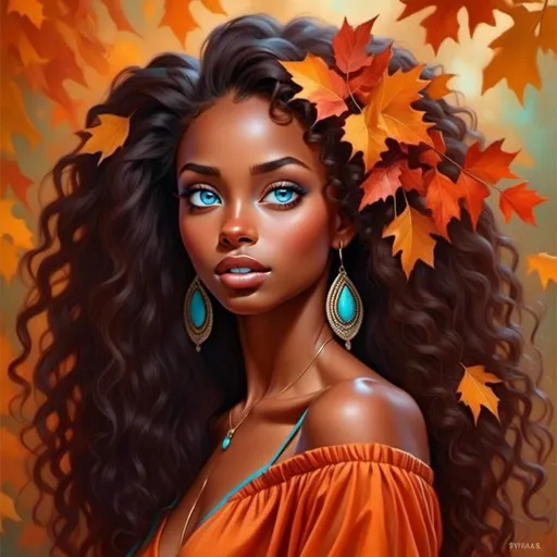 Prompt: <mymodel>Woman with dark skin, warm autumn colors, wearing turquoise jewelry,facial closeup