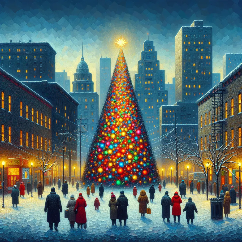 Prompt: a christmas tree is on a city street with people walking around it and a star above it that is lit up, Ernest William Christmas, naive art, highly detailed digital painting, a digital rendering