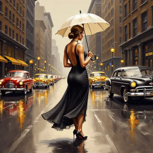 Prompt: a woman in a dress holding a  umbrella walking in the rain on a city street with cars, Art Frahm, american scene painting, kinkade, an art deco painting