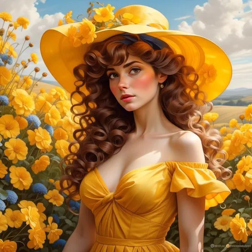 Prompt: <mymodel> a painting of a woman in a yellow dress and hat in a field of flowers with a blue sky in the background, Artgerm, fantasy art, highly detailed digital painting, a detailed painting