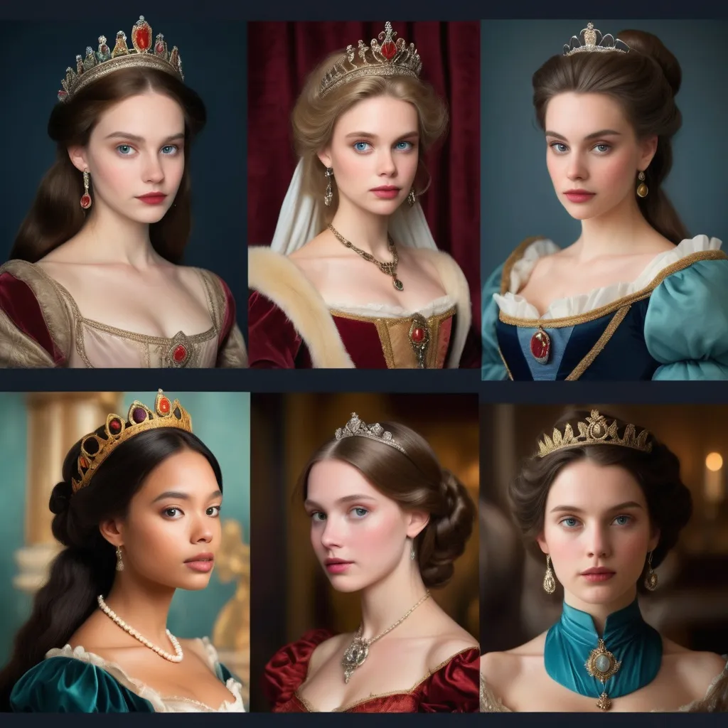 Prompt: portrays beautiful women as historical princesses in sumptuous costumes and settings.